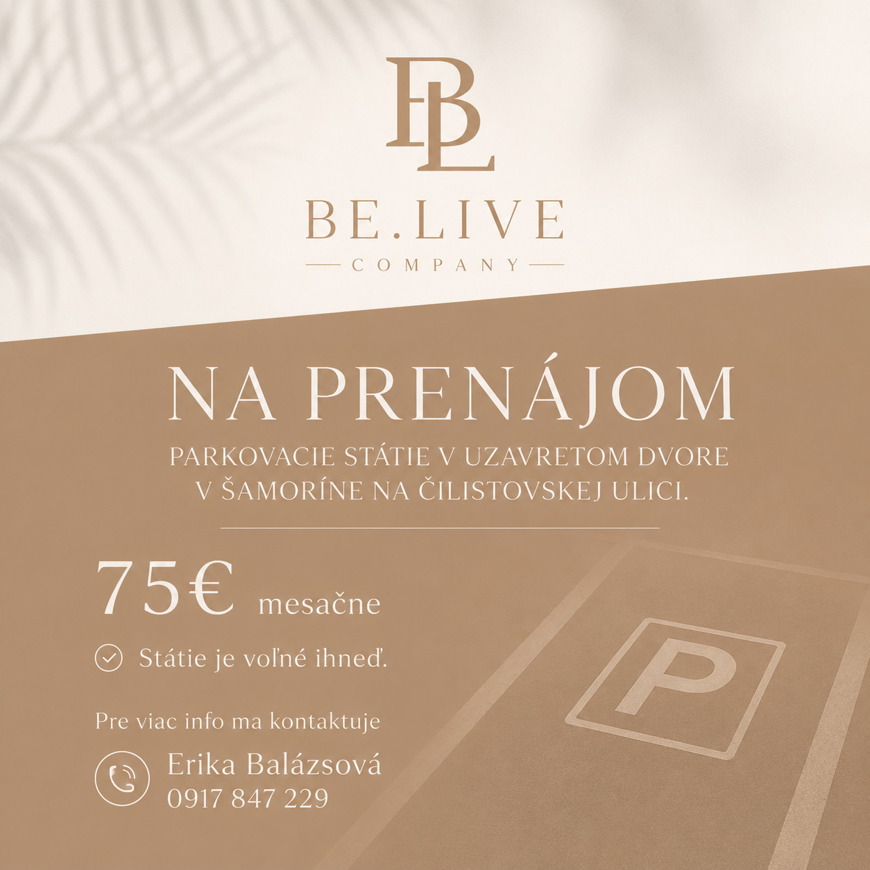 BE.LIVE COMPANY- NA PRENÁJOM- PARKOVACIE STÁTIE- V UZAVRETOM DVORE- ŠAMORÍN- ČILISTOVSKÁ ULICA